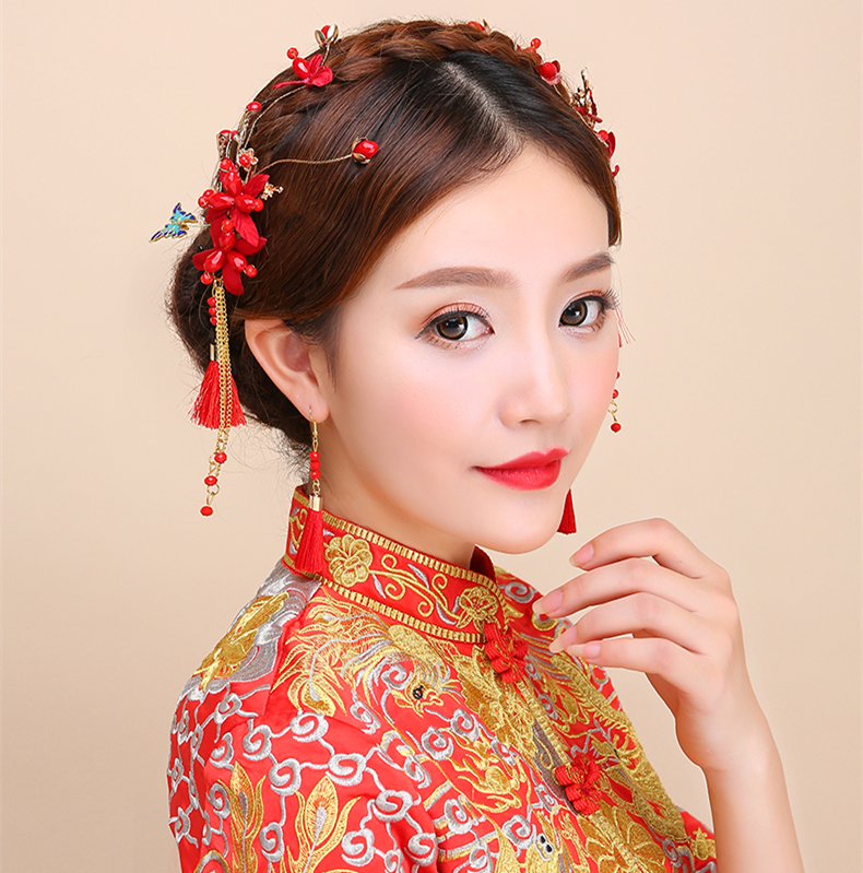 紅色頭飾邊夾耳鉤套裝，2017新款新娘配色