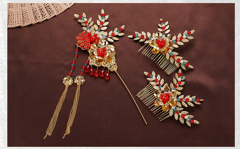 手工精美發(fā)飾紅雀，古代紅色中式發(fā)插