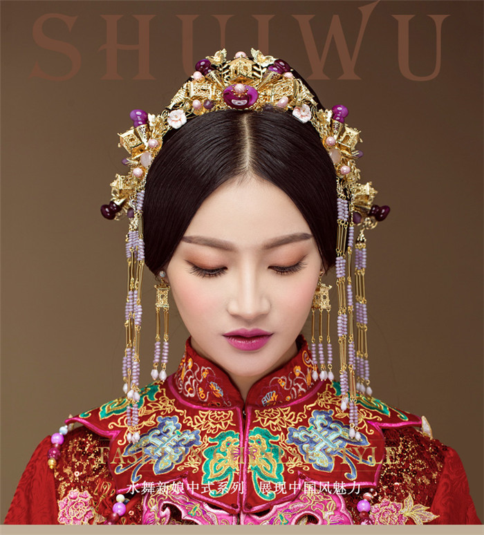 紫色串珠流蘇鳳冠結(jié)婚頭飾，中式古裝發(fā)飾