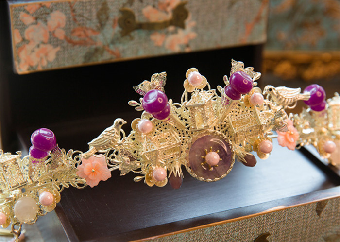 紫色串珠流蘇鳳冠結(jié)婚頭飾，中式古裝發(fā)飾