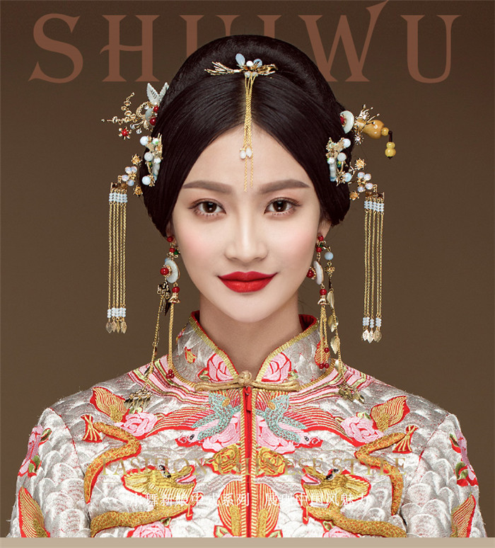 古玉串珠中式流蘇頭飾，新娘古裝發(fā)飾套裝