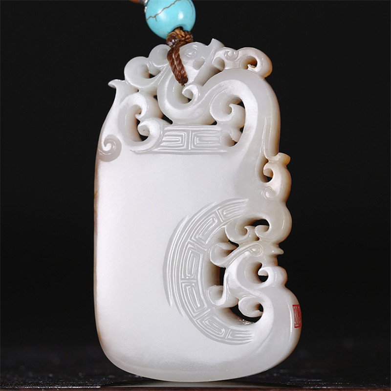 龍鳳圖騰雕刻和田玉，羊脂玉籽料掛件