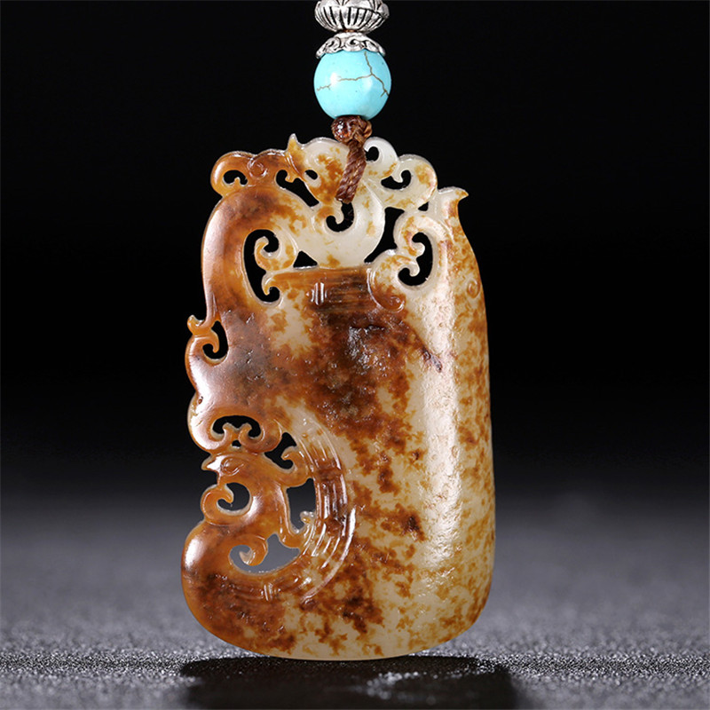 龍鳳圖騰雕刻和田玉，羊脂玉籽料掛件