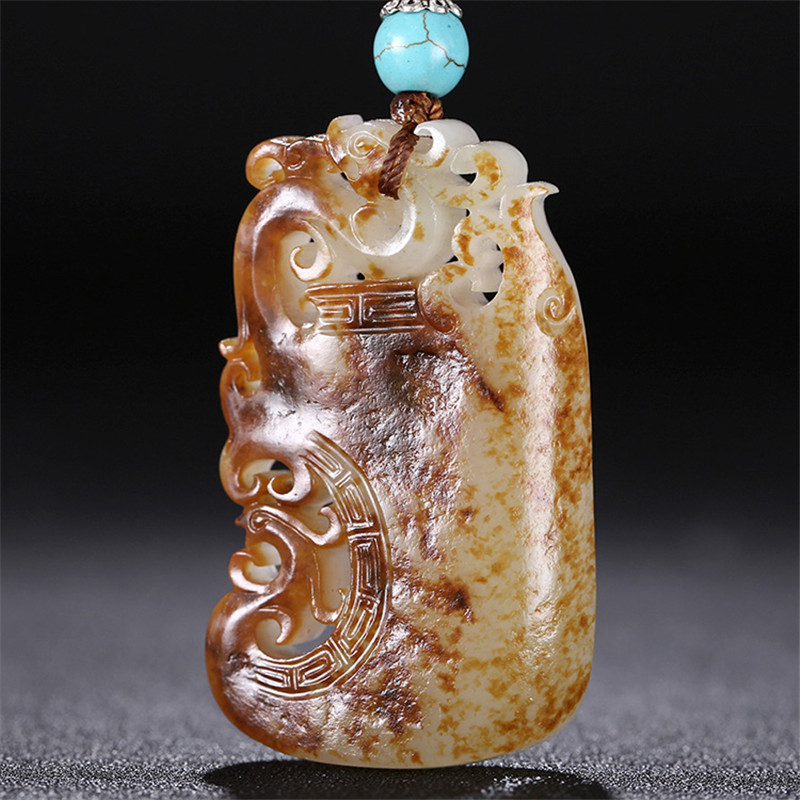 龍鳳圖騰雕刻和田玉，羊脂玉籽料掛件