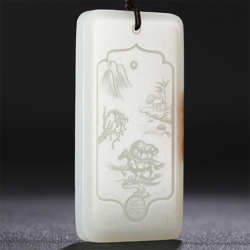 和田玉山水悠然自在掛件，白玉項(xiàng)鏈玉石。