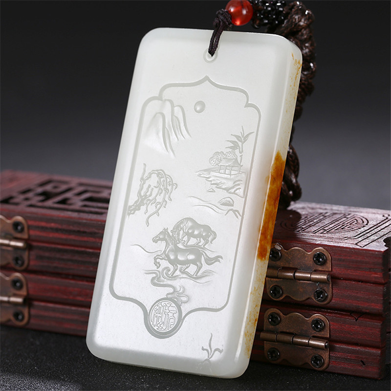 和田玉山水悠然自在掛件，白玉項(xiàng)鏈玉石。
