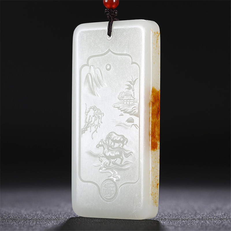 和田玉山水悠然自在掛件，白玉項(xiàng)鏈玉石。