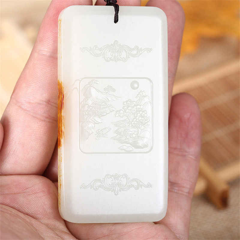 和田玉山水悠然自在掛件，白玉項(xiàng)鏈玉石。