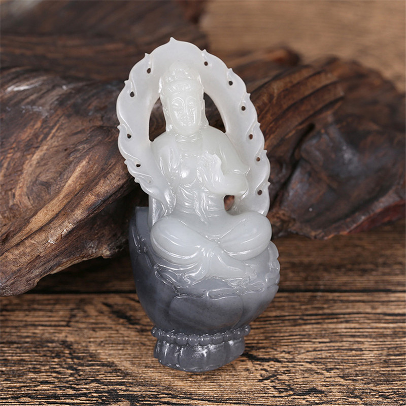 護佑之主和田玉觀音掛件，天然青花籽料掛墜。