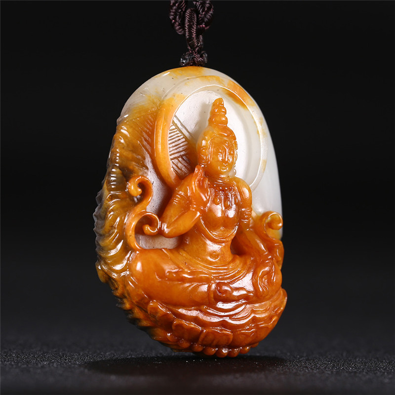 文殊菩薩三色料和田玉掛件，雙面雕刻吊墜