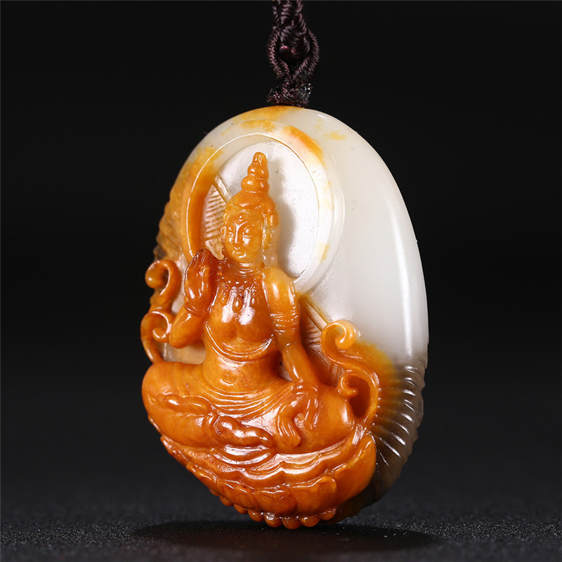 文殊菩薩三色料和田玉掛件，雙面雕刻吊墜