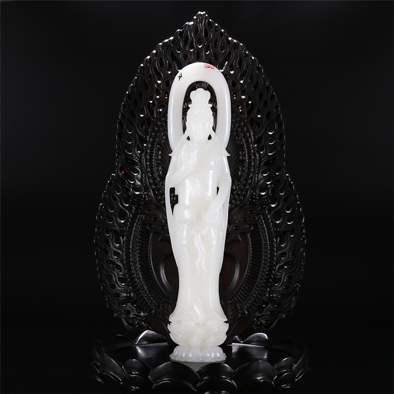 羊脂白玉觀音擺件，順心如意護(hù)佑平安