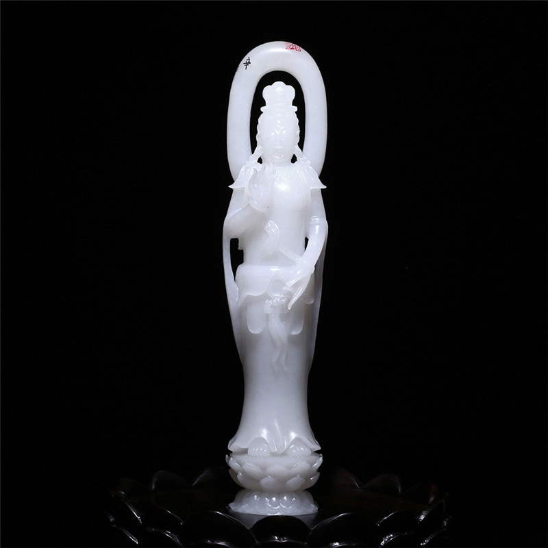 羊脂白玉觀音擺件，順心如意護(hù)佑平安