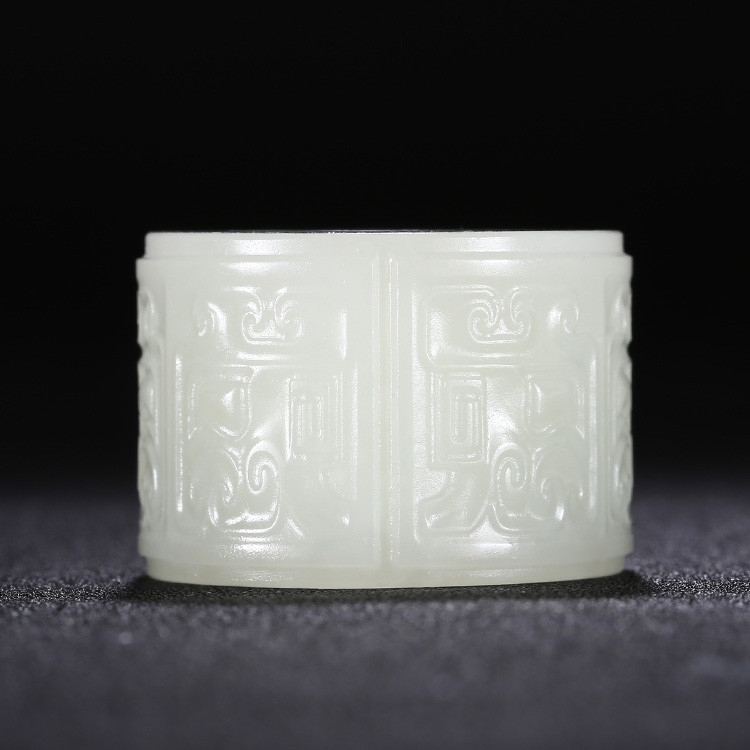 男士如意和田玉扳指，天然白玉手玩件獸面紋蘇
