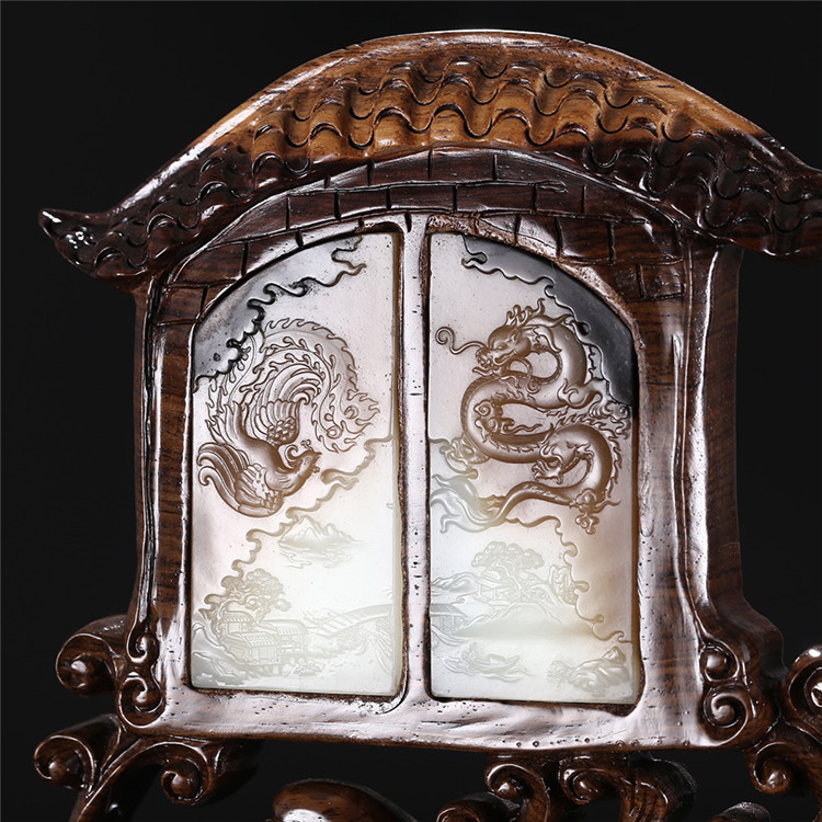 和田玉龍鳳呈現(xiàn)玉牌子，天然糖白玉蘇工擺件