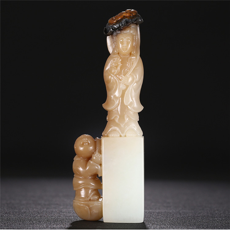 童子拜觀音白玉印章，立體圓雕和田玉手把件