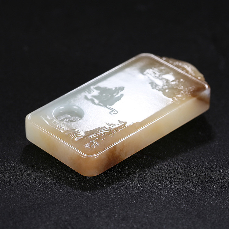 神龍送福人間山水玉牌掛件，天然糖白玉項(xiàng)鏈