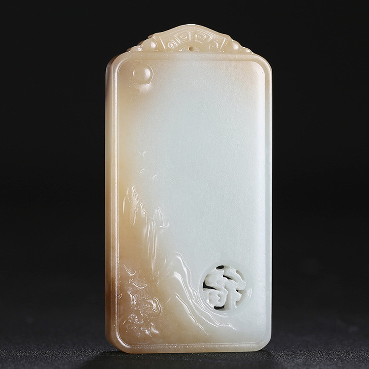 神龍送福人間山水玉牌掛件，天然糖白玉項(xiàng)鏈