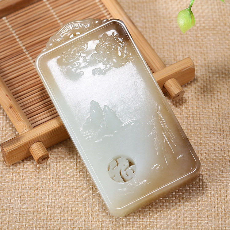 神龍送福人間山水玉牌掛件，天然糖白玉項(xiàng)鏈