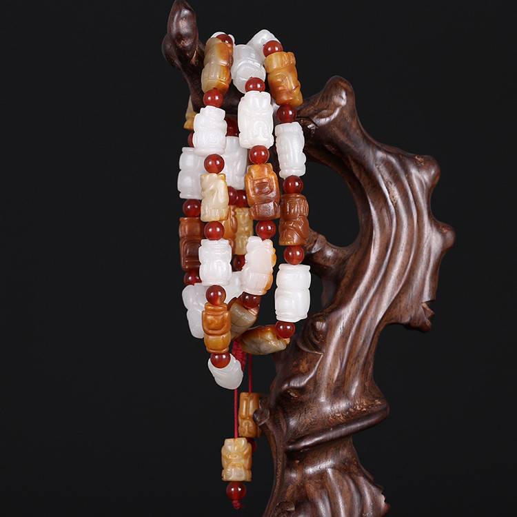 32顆和田玉珠佛像項(xiàng)鏈，真皮玉鏈天然白玉手鏈