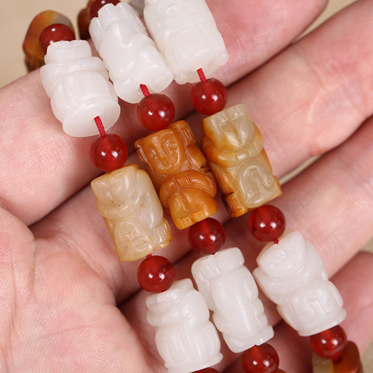 32顆和田玉珠佛像項鏈，真皮玉鏈天然白玉手鏈