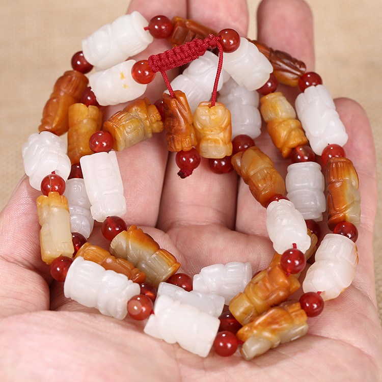 32顆和田玉珠佛像項鏈，真皮玉鏈天然白玉手鏈