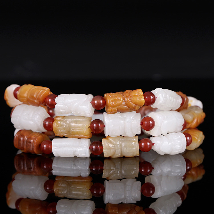 32顆和田玉珠佛像項(xiàng)鏈，真皮玉鏈天然白玉手鏈