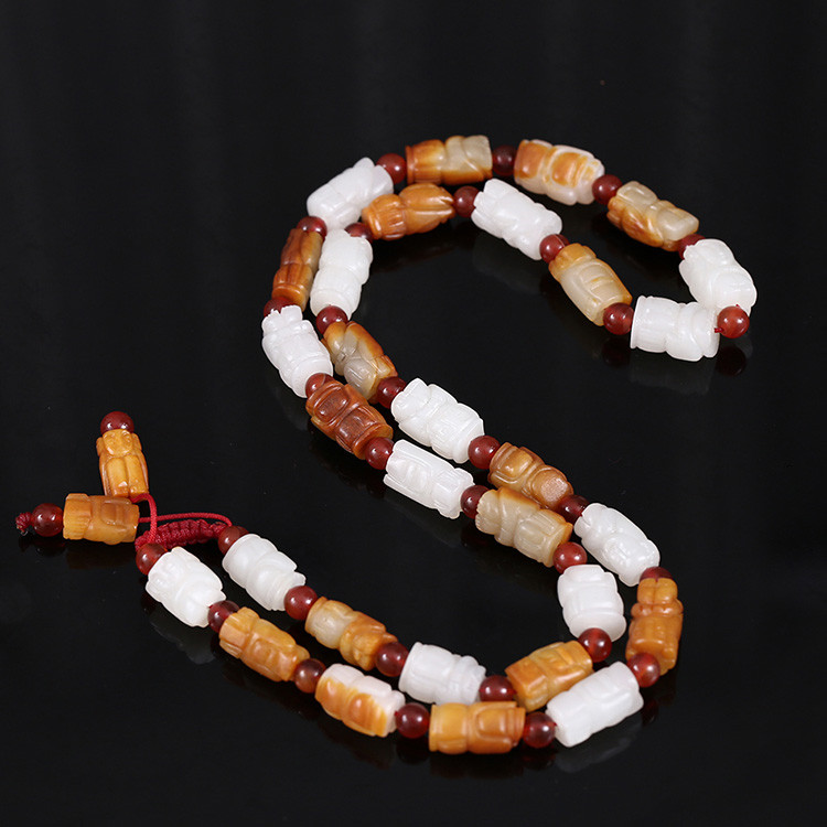 32顆和田玉珠佛像項(xiàng)鏈，真皮玉鏈天然白玉手鏈