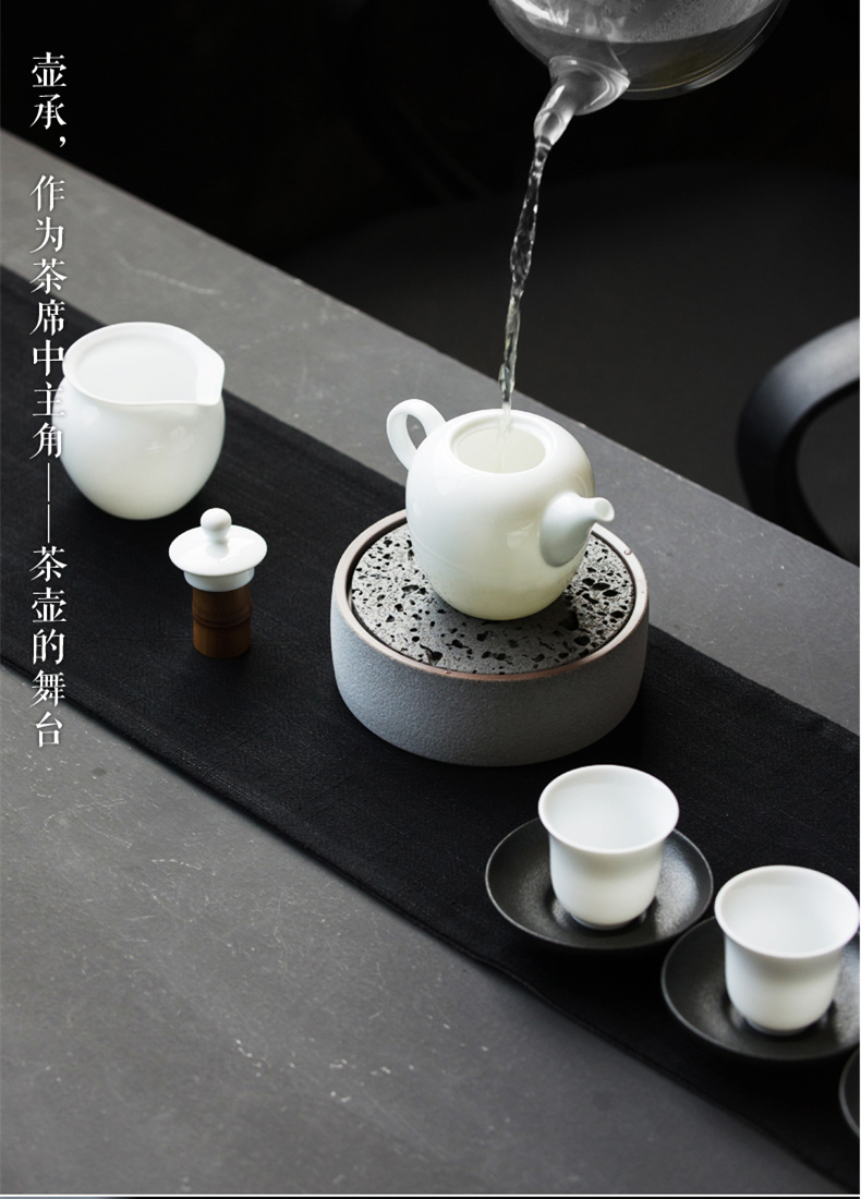 火山石小壺承天然巖石圓形茶托盤，陶瓷茶承儲