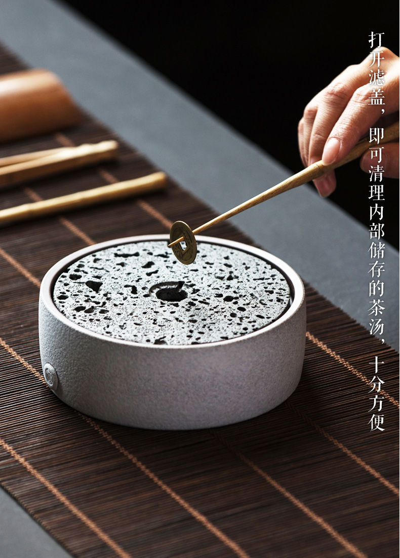 火山石小壺承天然巖石圓形茶托盤，陶瓷茶承儲