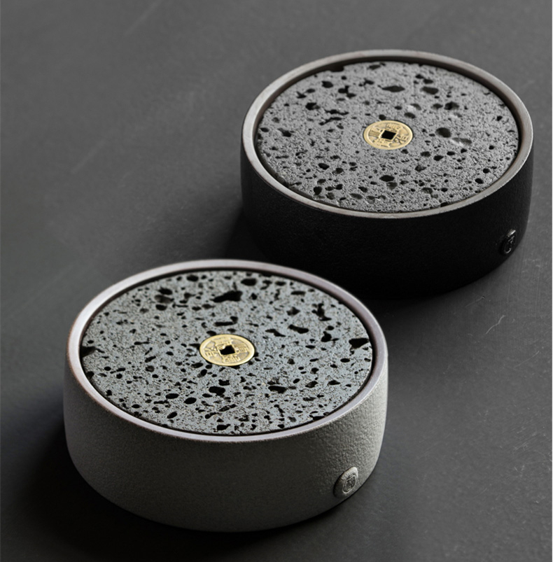 火山石小壺承天然巖石圓形茶托盤，陶瓷茶承儲(chǔ)