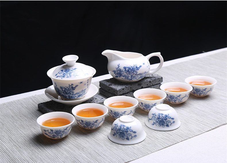青花瓷茶具套裝禮盒，家用白瓷功夫茶具