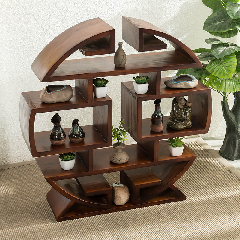 實木小多寶閣擺件博古架，圓形落地展示置物架
