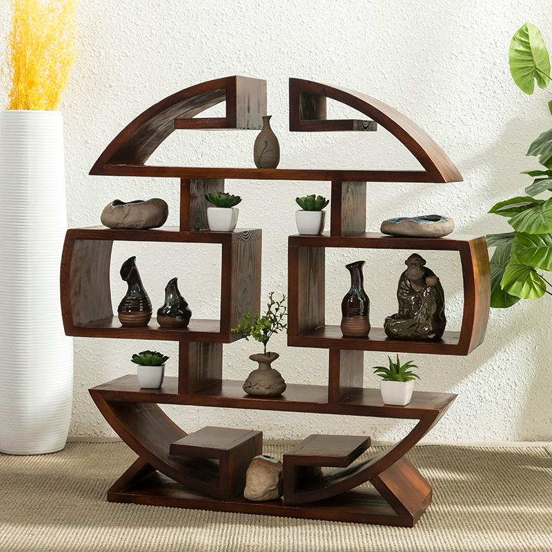 實木小多寶閣擺件博古架，圓形落地展示置物架