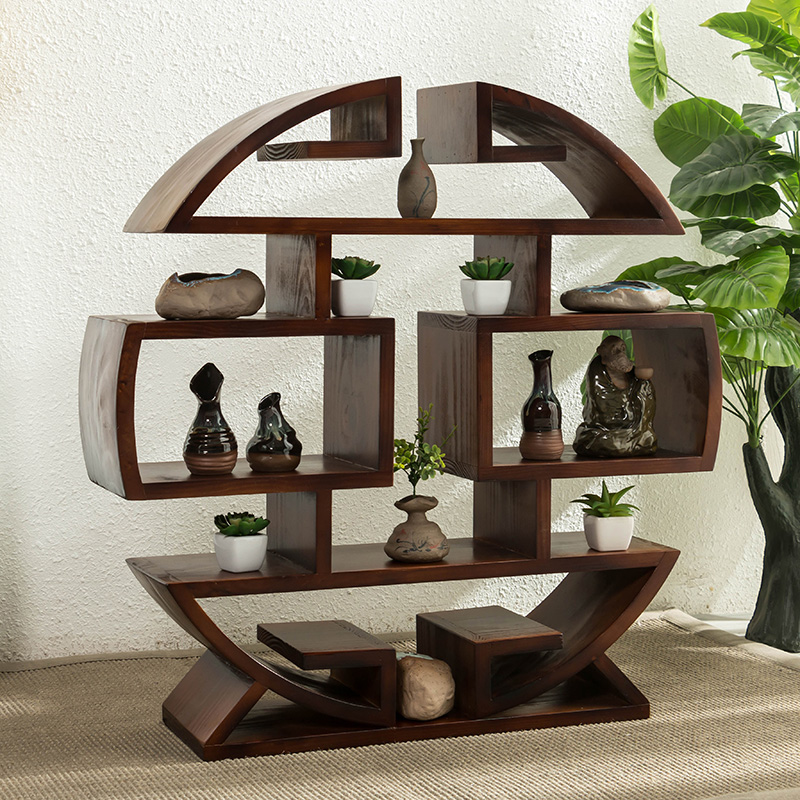 實木小多寶閣擺件博古架，圓形落地展示置物架