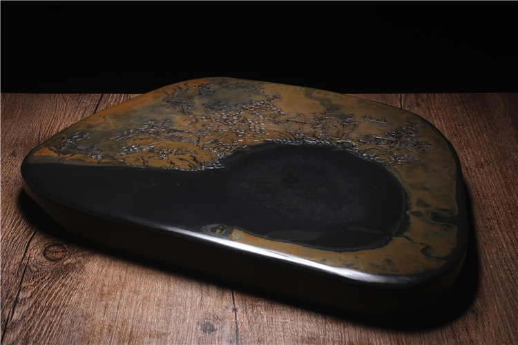 松山雅居歙硯手工精品，老坑金暈原石籽料