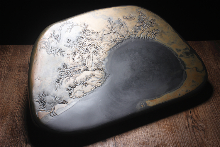 松山雅居歙硯手工精品，老坑金暈原石籽料