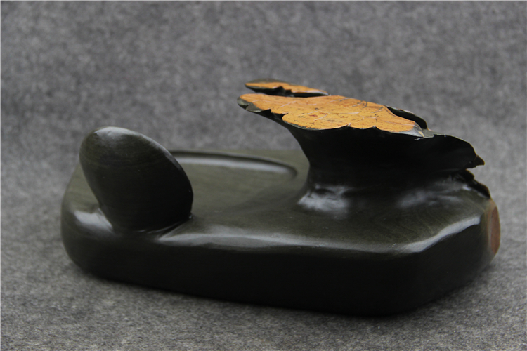 金暈魚子荷葉雕花歙硯，老坑硯臺龍尾硯