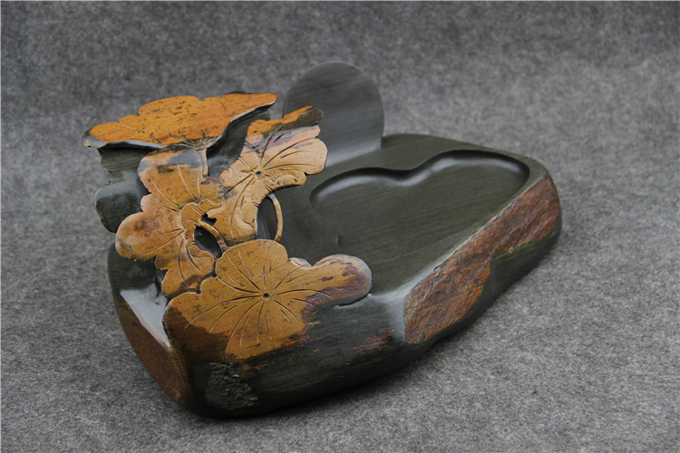 金暈魚子荷葉雕花歙硯，老坑硯臺龍尾硯