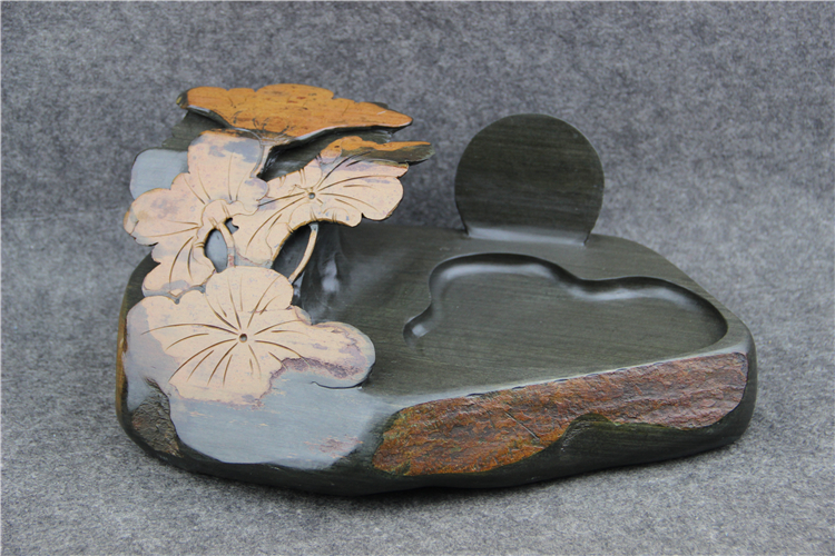 金暈魚子荷葉雕花歙硯，老坑硯臺龍尾硯