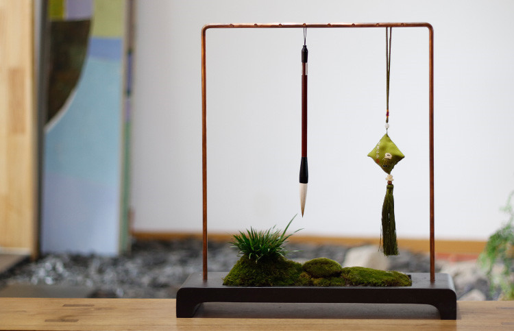 紫銅精品硯石毛筆掛，中式書法擺件筆架