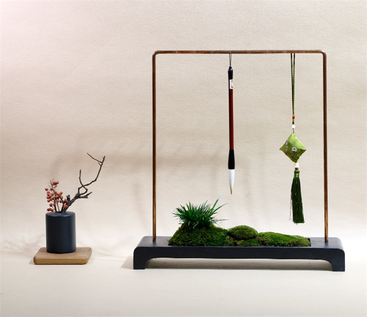 紫銅精品硯石毛筆掛，中式書法擺件筆架