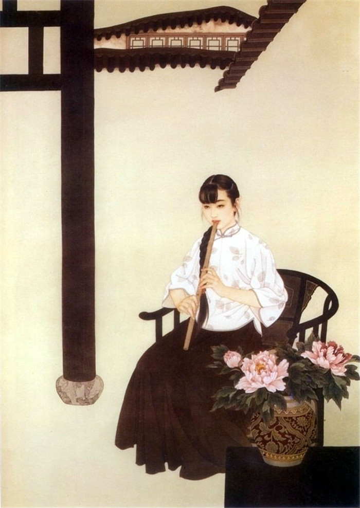 中國演奏傳統(tǒng)樂器笛子與簫的國畫作品