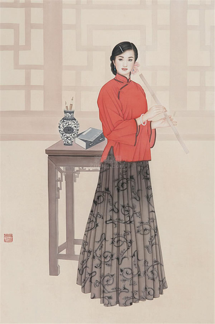 中國演奏傳統樂器笛子與簫的國畫作品