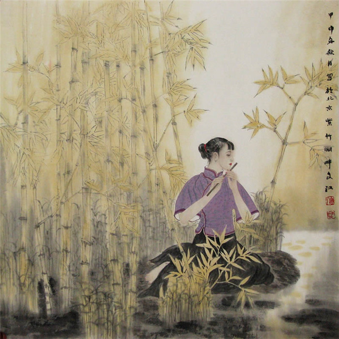 中國演奏傳統樂器笛子與簫的國畫作品