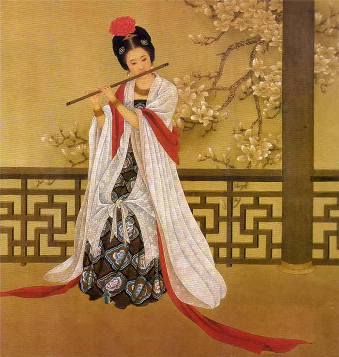 中國演奏傳統樂器笛子與簫的國畫作品
