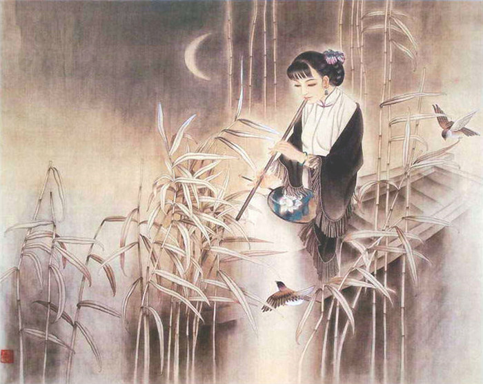 中國演奏傳統樂器笛子與簫的國畫作品