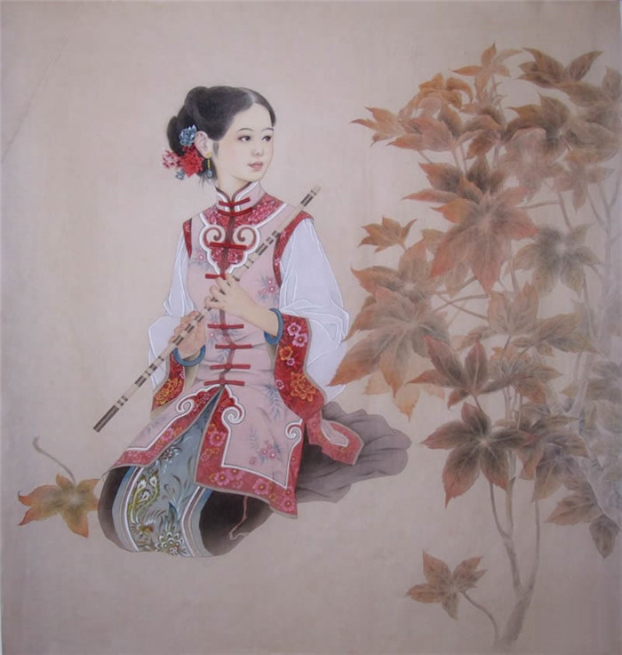 中國演奏傳統樂器笛子與簫的國畫作品