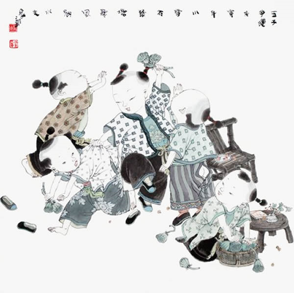 著名中國(guó)畫家王家訓(xùn)的筒子嬉戲圖