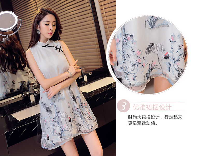 民族風a字復古仙鶴刺繡花歐根紗旗袍